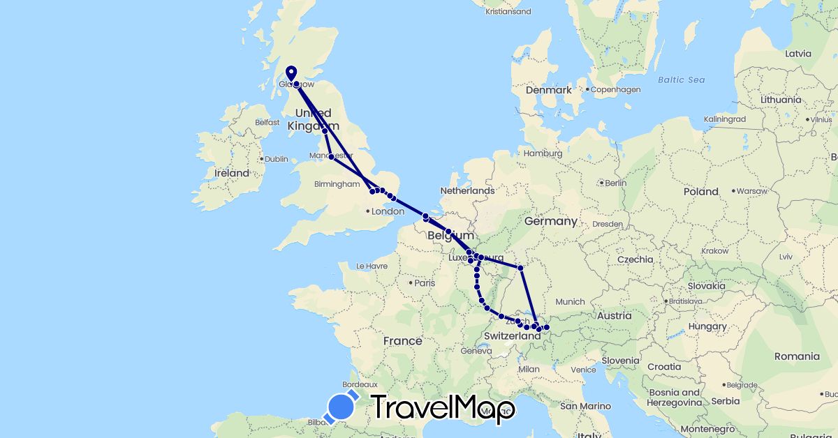 TravelMap itinerary: driving in Austria, Belgium, Switzerland, Germany, France, United Kingdom, Luxembourg (Europe)